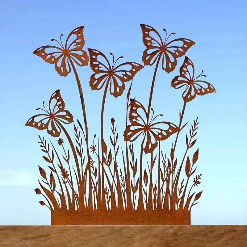 1pc Rustic Metal Butterfly Garden Stake | Classic Rust-Colored Floral Design | Durable Outdoor Decor for Courtyard & Balcony