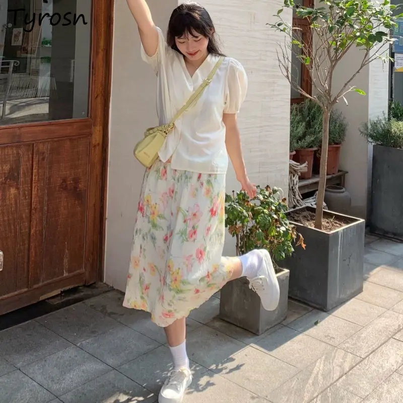 

Skirts Women Floral Prairie Chic Simple Design All-match Retro Loose Ulzzang Ladies Summer Breathable Midi Faldas Leisure Folds