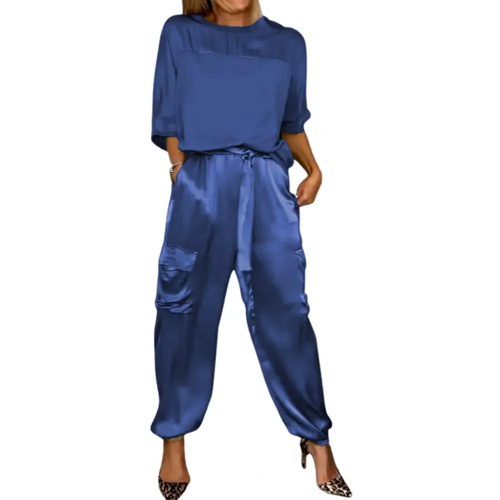 Three-quarter Sleeve Suit Elegant Satin Women's Top Pants Set with Lace-up Waist Three Quarter Sleeves Casual Pockets Soft