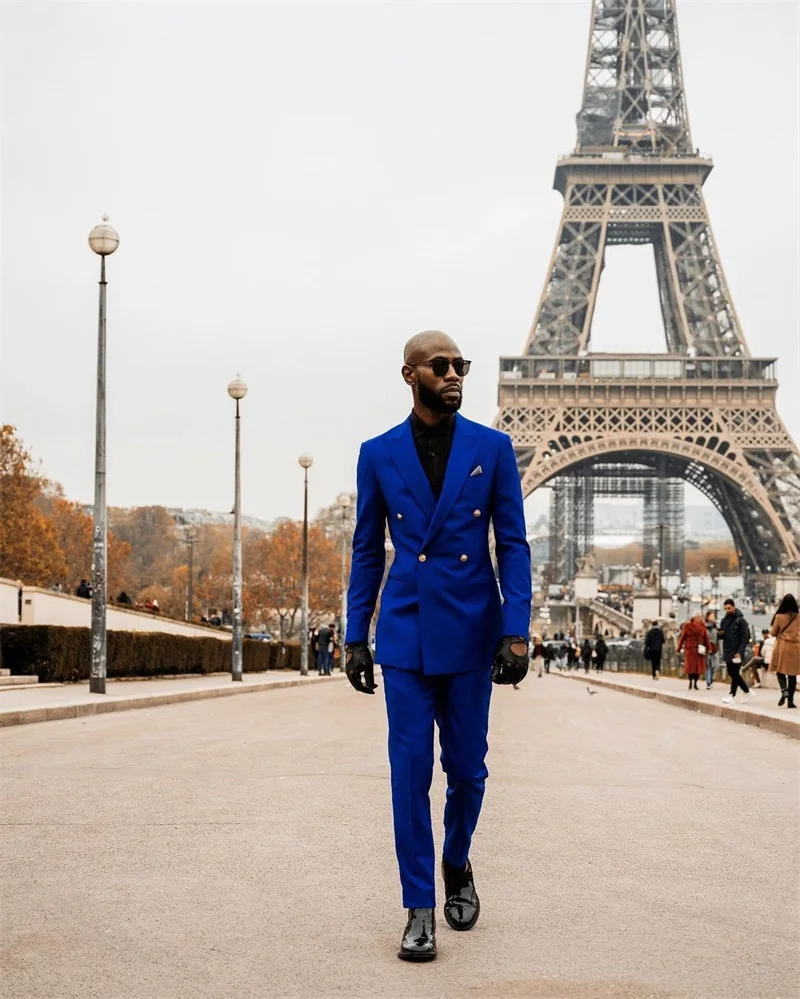 

2 Pcs Royal Blue Men Suits Set Fashion Blazer+Pants Groom Tuxedo Custom Made Gentlemen Formal Office Double Breasted Jacket