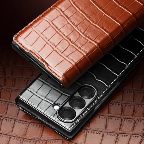 QIALINO For Samsung Galaxy Z Fold6 5G Case Crocodile Texture Genuine Cow Leather Flip Phone Cover - Black - Image 4
