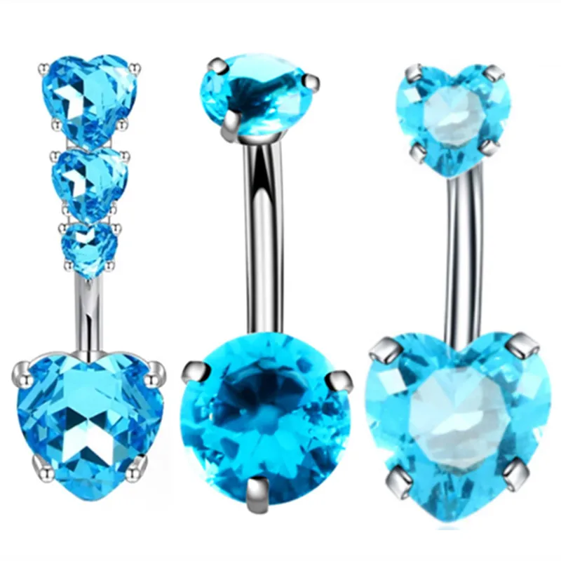 Pink Flower & Blue Crystal Belly Button Ring Set - Heart Navel Barbell Jewelry Collection