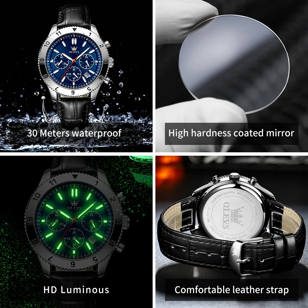 OLEVS TY711 Business Quartz Watch For Men 24 Hours Display Calendar Leather Wristwatch Chronograph Waterproof Luminous Man Watch