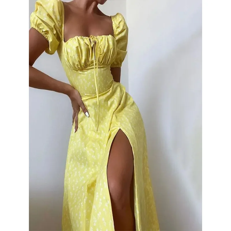 

European And American Women's Clothing 2024 New Small Fresh Floral Slim Fit Slit Sexy Backless Holiday Elegant Long Dress