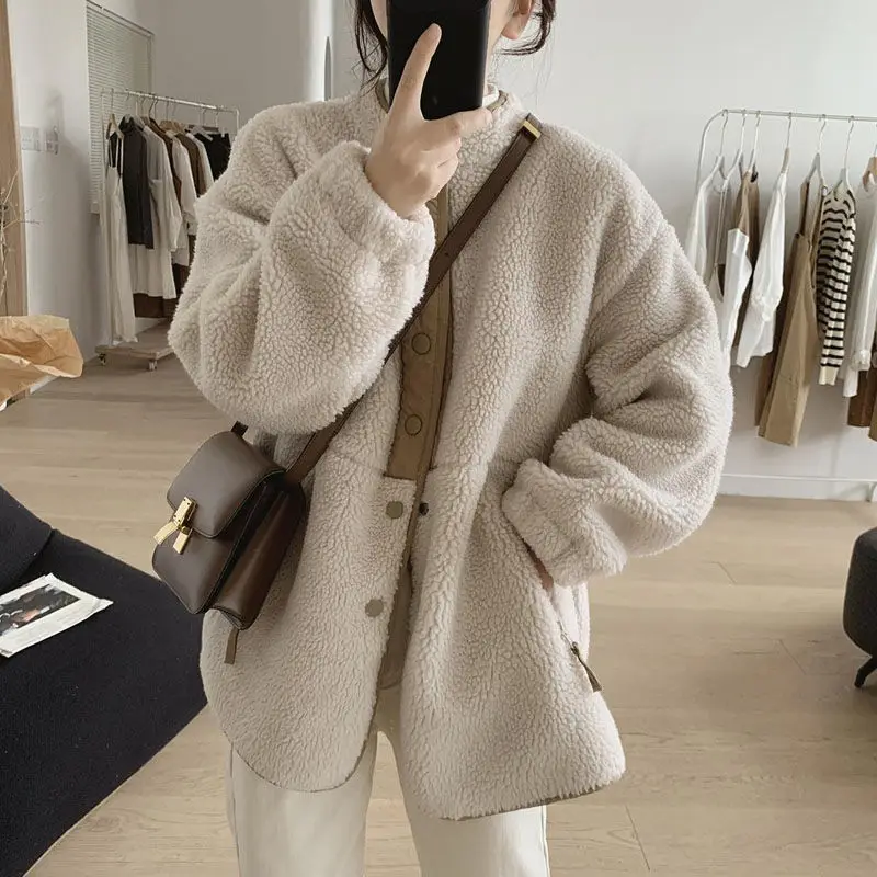 

Deeptown Jackets Vintage Lambs Wool Thicken Fleece Coats Solid Jacket Button Up Oversize Elegant Casual Warm Soft Korean Fashion