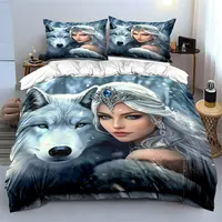 Ensemble de housse de couette imprimée princesse et loup, 3 pièces, literie de style King Queen, chambre d'hôtes, cadeau (1 housse de couette et 2 taies d'oreiller) 2
