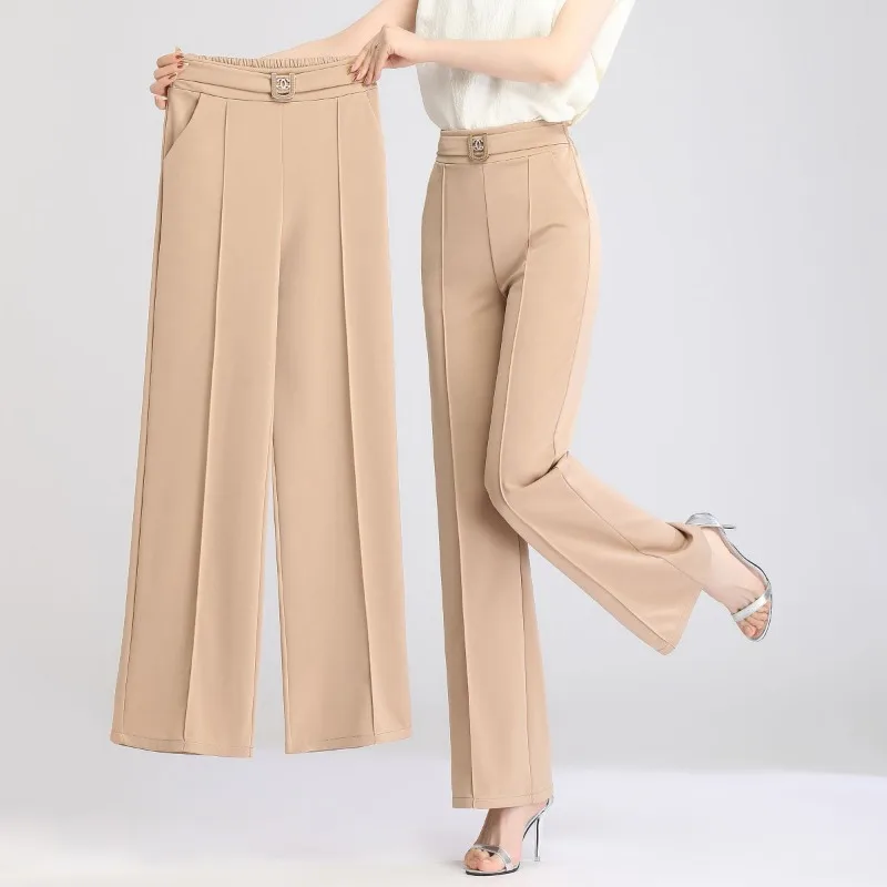 Women's Spring and Autumn New Fashion Elegant Solid Diamonds Pocket Elastic Casual High Waist Loose Wide Leg Straight Leg Pants