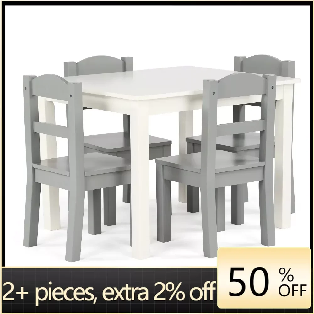 

5-Piece Wood Child Table & Chairs Set in White & Grey Freight Free Children's Table and Chair Set for Kids Toys Weigh Kid Desk