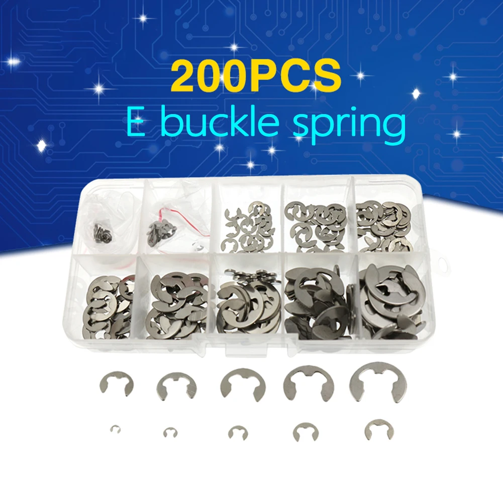 

200pcs Stainless Steel E-type Circlip Buckle Spring M1.5 M2 M3 M4 M5 M6 M7 M8 M9 M10 Snap Opening Retaining Ring Fixing Kit