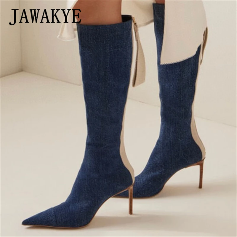 

2023 Winter Pointed Toe Thin High Heel Knee-High Boots Women Brand Fashion Denim Zip Long Boots Sexy Runway Party Botas Female