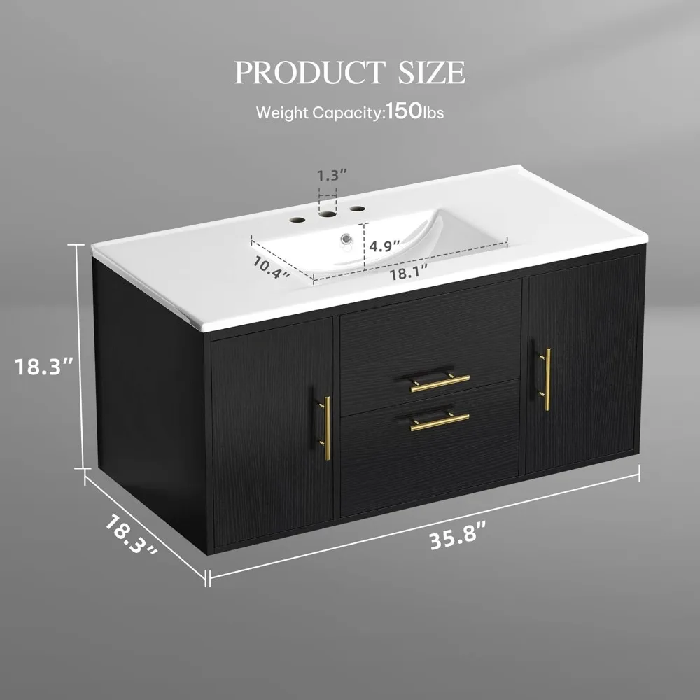 36 Inch Floating Bathroom Vanity with Three Holes Sink, Wall Mounted Cabinet with 2 Storge Cainets Undermount Ceramic Basin 2