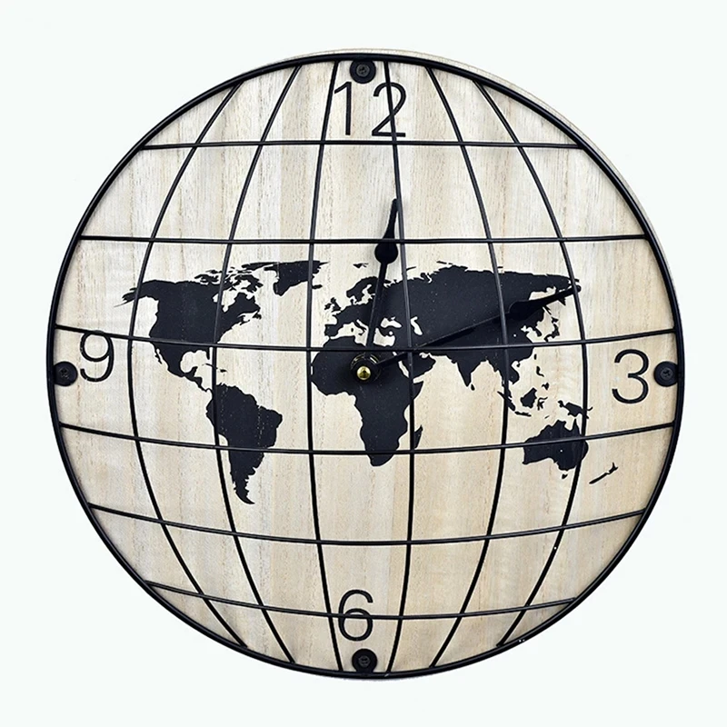 

European World Map Wall Clock Vintage Silent Wooden Wall Clocks Modern Porch Art Decoration Creative Metal Ornament Non-Ticking