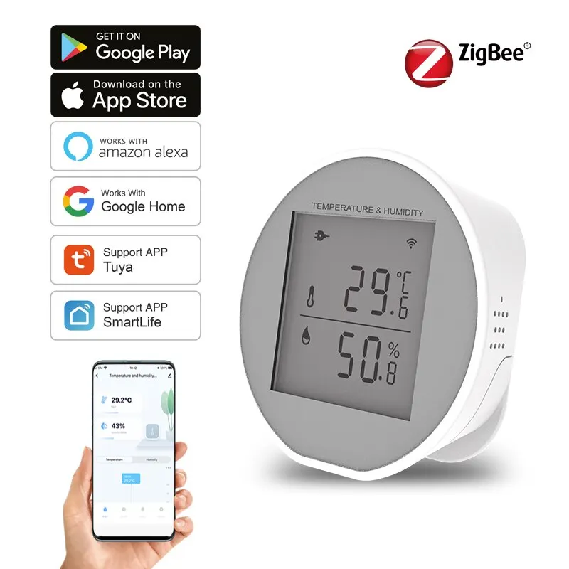 Tuya Zigbee Temperature Humidity Sensor Indoor Hygrometer Thermometer Detector LCD Screen Smart Life App Battery Or USB Powered 