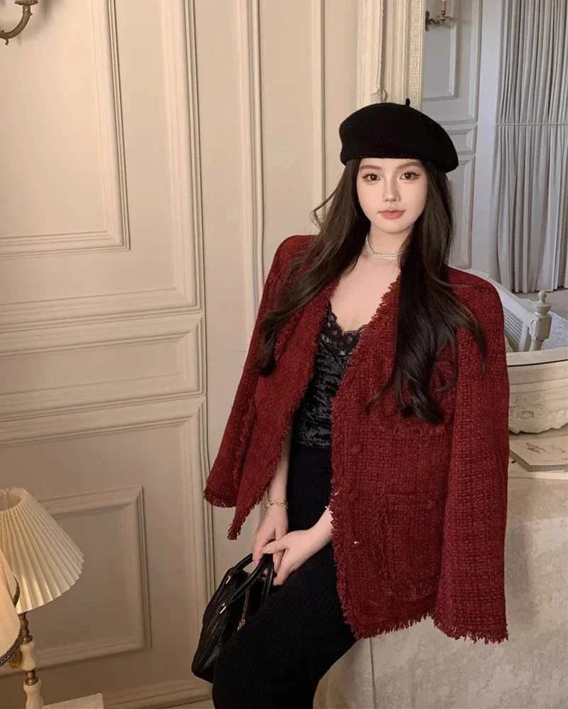 

Women's Tweed Quilted Coat with Padded Lined Warm Thermal Outwear Vintage Red Button Tassel V-Neck Long Sleeved Jackets Korean