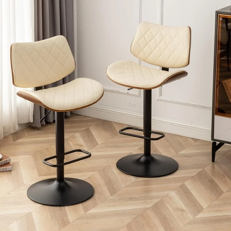Bar Stools Set of 2 Mid Century Modern Adjustable Counter Height Leather Upholstered 360&deg;Swivel Bar Chairs.