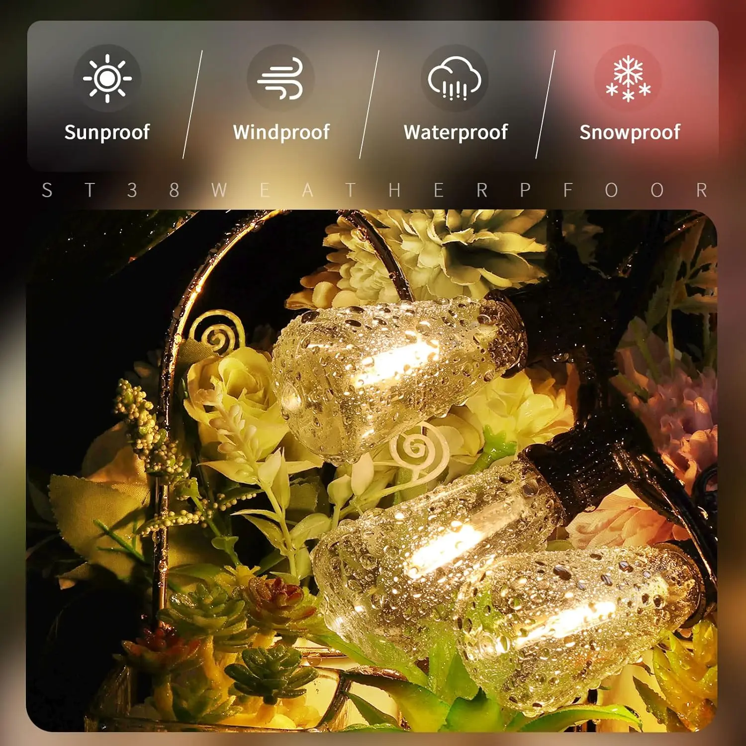 Description Picture 3 of item12M/9.5M Solar String Lights Outdoor with Remote, ST38 Patio Lamp & LED IP65 Shatterproof Bulbs, 8 Light Modes for Garden Party