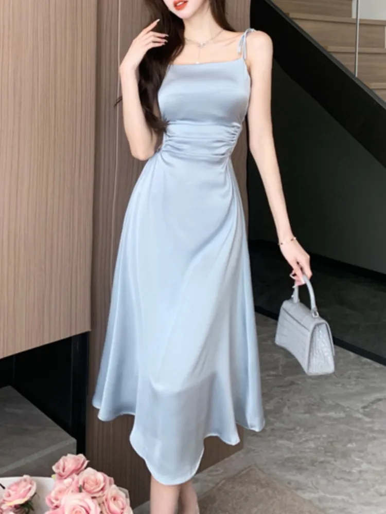 

Summer Sexy Spaghetti Strap Satin Party Dresses Women Fashion Vintage Bodycon Slim Birthday Vestidos Female Chic Solid Robe