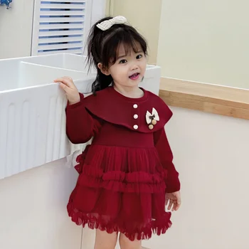 Baby Girl Clothes Spring And Autumn Bow Doll Collar Solid Color Mesh Fluffy Baby Dresses Cute Casual Girl Kid's Dress