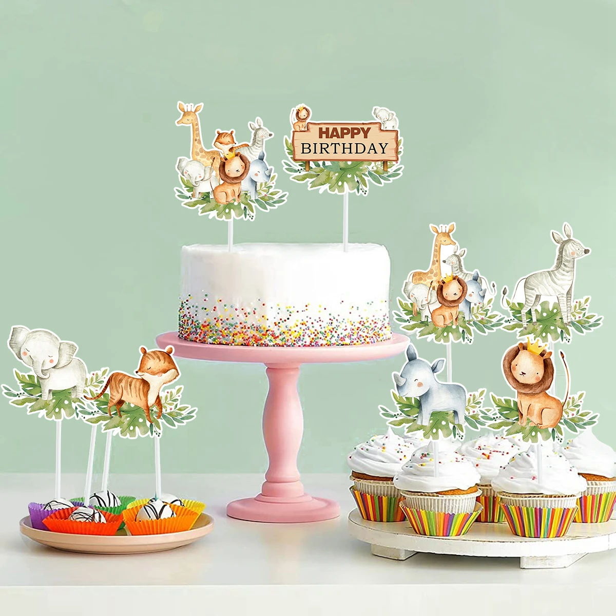 14 Pcs Decoration Gateau Anniversaire, 1 Girafe, 1 Singe, 1