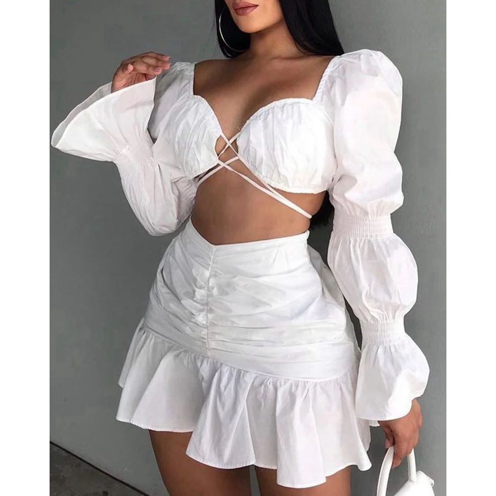 

Women Puff Lantern Sleeve Crop Top & Mini Skirt Sets Female Summer Ruched Ruffles Sexy Two Pieces Top Skirts Suit Dress Set