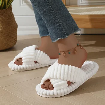 Women's Bow Knot Slippers For Season Corduroy Living Room Shoes Home Casual Silent Indoor Light EVA Anti Slip Flip Flops 1