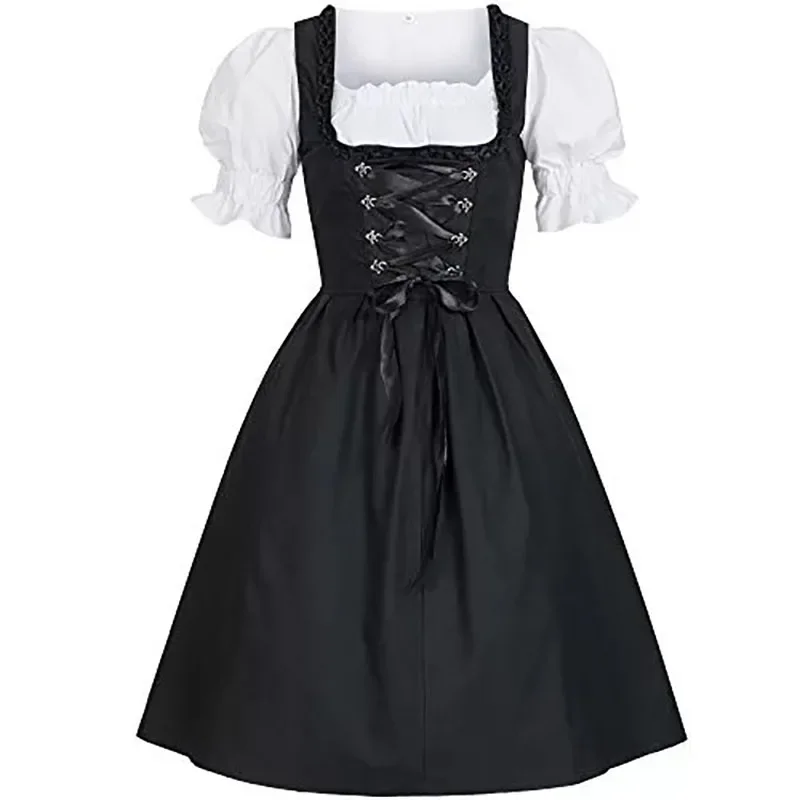 Maid Costume Black Dirndl Renaissance Dress Adult Women Oktoberfest Festival Puff Sleeves Lace Up Biergarten Lady Plus Size