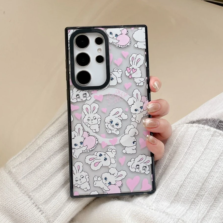 

Rabbit Heart MagSafe Acrylic Black Border Magnetic Phone Case for Samsung Galaxy S22U S23 Ultra S24 Ultra Cover Protective Shell