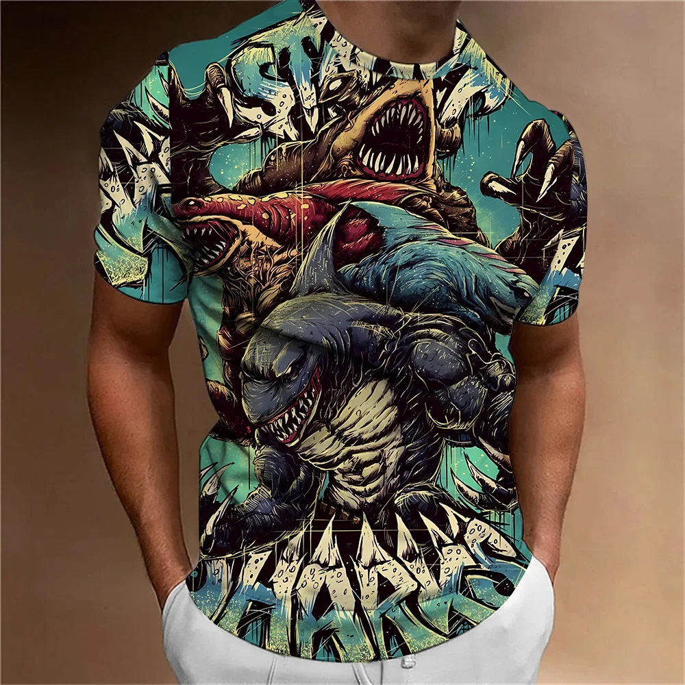 

Summer Male Clothes Shark Oil Painting Style Print Comfortable and Breathable 3D Digital Printing Printed T-shirt Men Clothing
