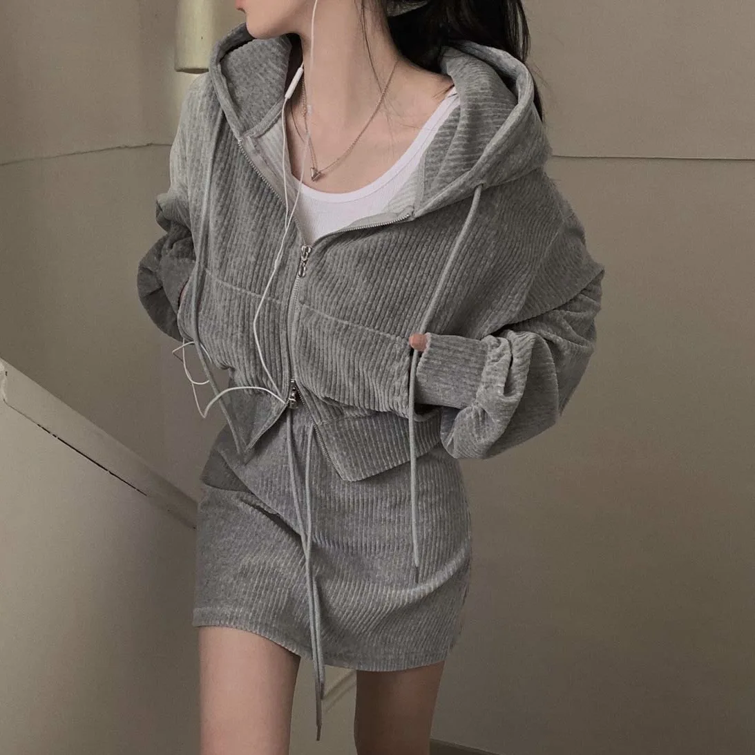 Korean CHic Corduroy Two-piece Skirt Sets Women Hoodie Crop Top Coats Bodycon Mini Skirt Autumn Winter New Outfits Casual Suit