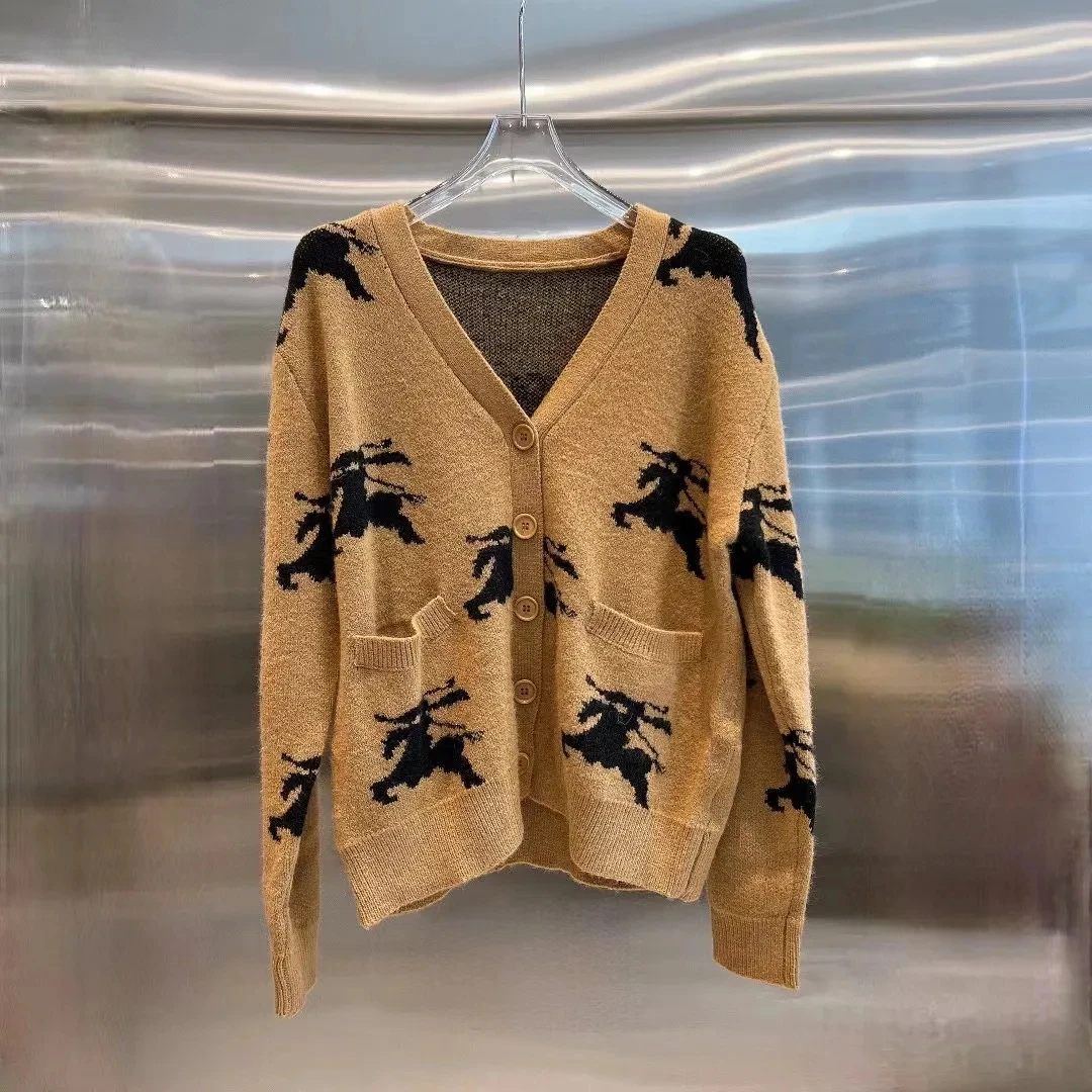 

Женский однобортный жаккардовый кардиган, повседневный свободный трикотажный кардиган с V-образным вырезом и длинным рукавом, Осень-зима 2023