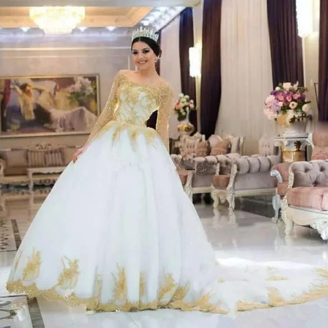 ANGELSBRIDEP White And Gold Wedding Dresses Long Sleeves Bateau Indian  Kaftan Caftan Dubai Church Garden Castle Bridal Gowns - AliExpress