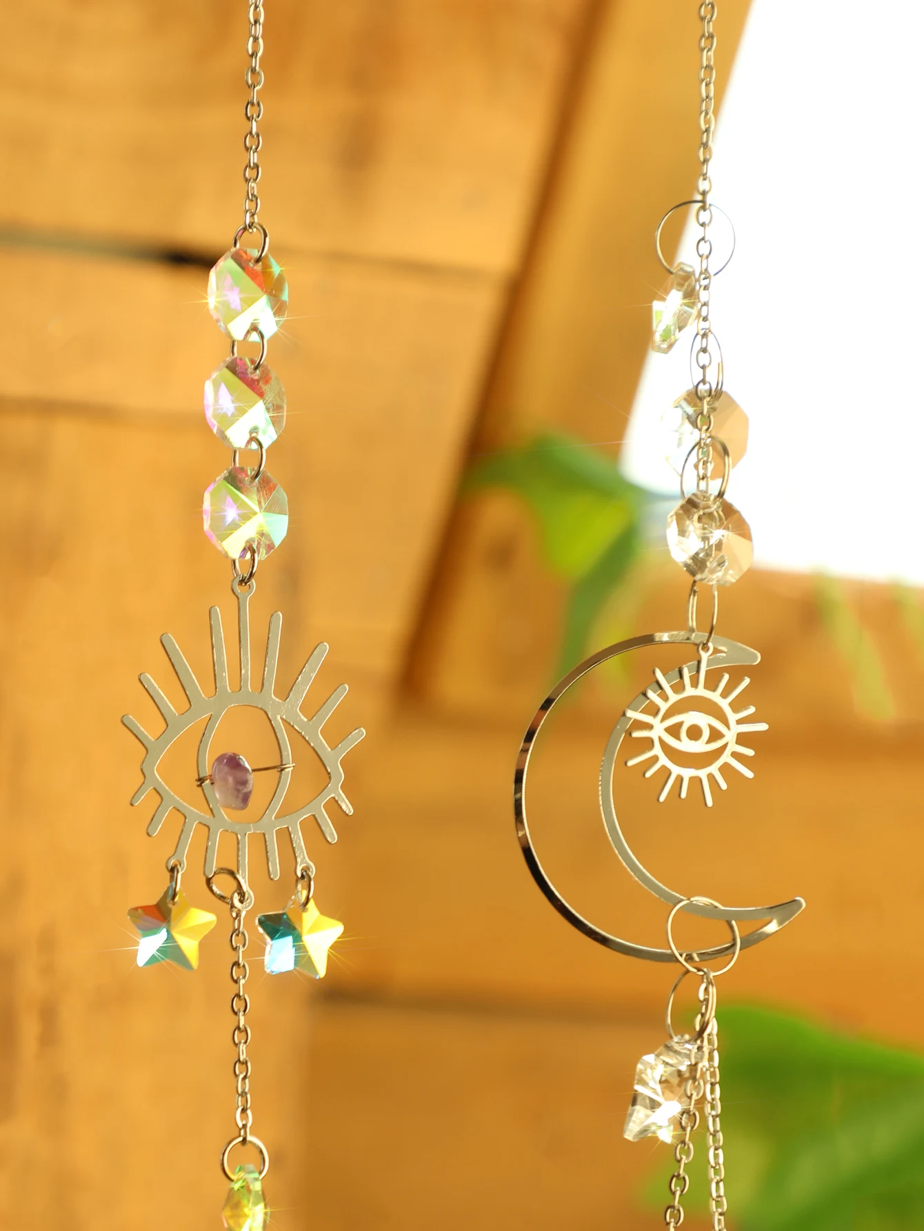 2pcs Evil Eye Moon Crystal Sun Catcher Hanging Ornaments Garden Suncatchers Window Wind Chimes Light Catcher Outdoor Decors Gift