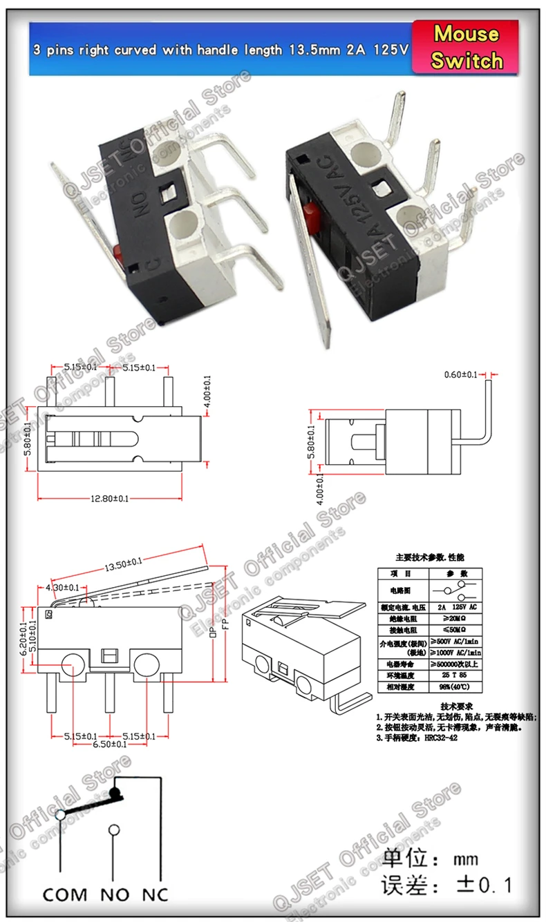 10Pcs Micro Endschalter Momentary Push Button Schalter 1A 2A125V AC Maus Schalter 3Pins Lange Griff Roller Hebel arm SPDT 12X6X6mm – Detail 11