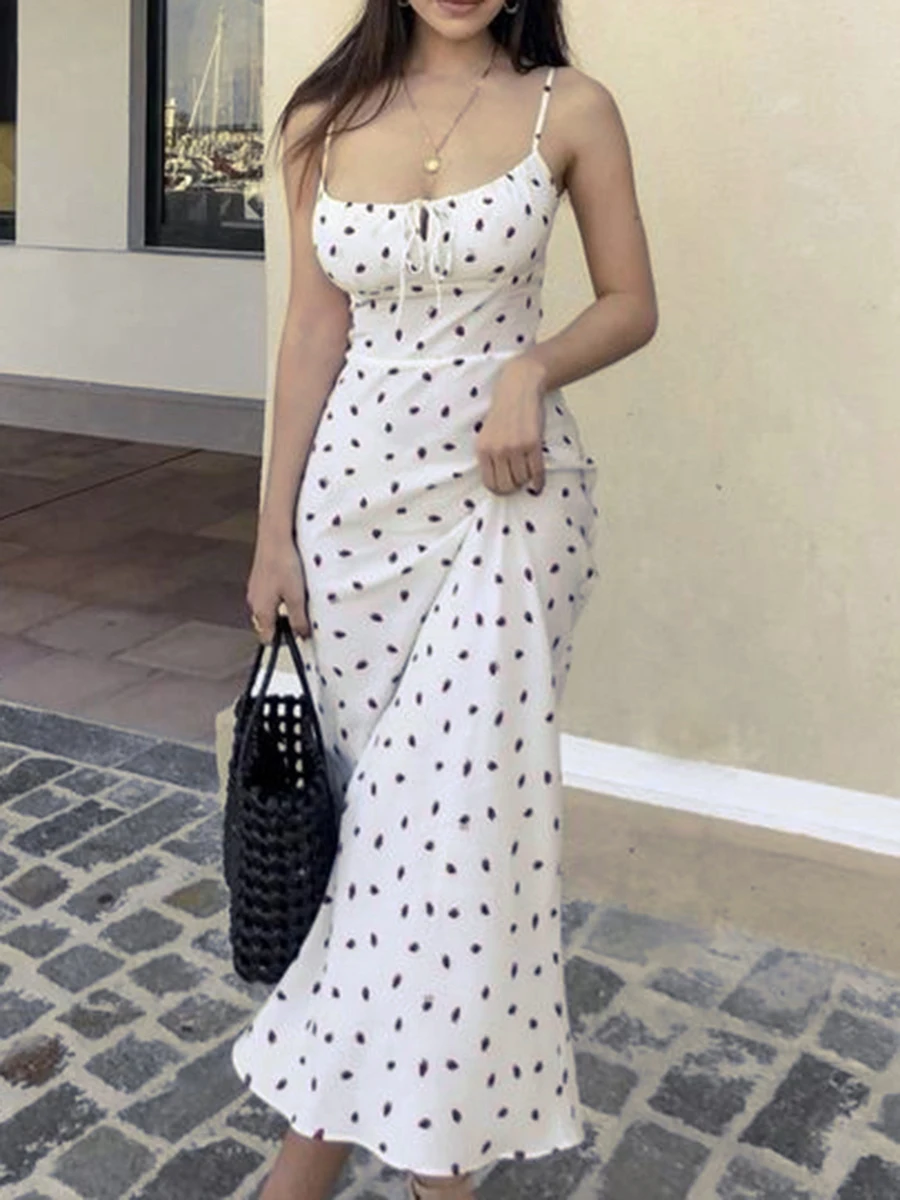 

Elegant White Spaghetti Straps Dress Summer Chic Sleeveless Backless Strawberry Print Women Chest Ruched Straps Midi Sundress