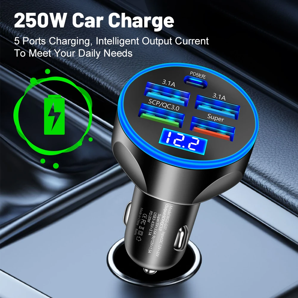 120W 4-6 Ports Car Charger Fast Charging PD QC3.0 USB C  Car Phone Charger USB Adapter in Car For iPhone Xiaomi Samsung