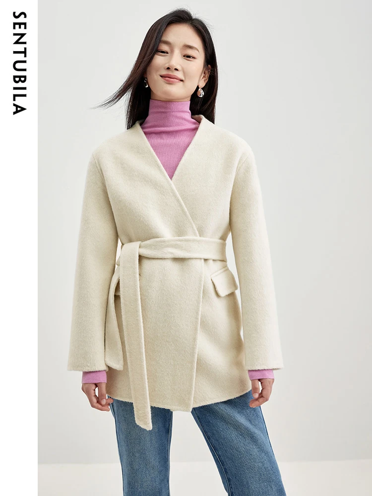 SENTUBILA Fashion Double Sided Woolen Coat Women Autumn Winter 2023 Mid Length Wool Blend Cardigan Jackets with Belt W34O51082