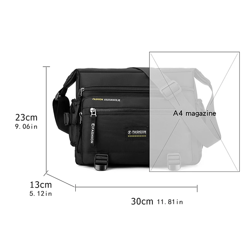 Large capacity nylon cross body bag | adjustable shoulder strap, zipper closure, water bottle rack, very suitable for business t