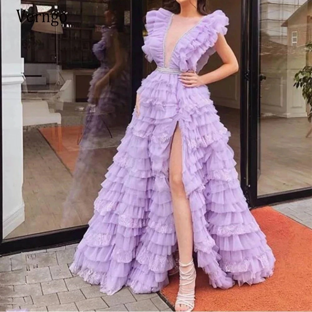 

SONDR Light Purple A Line Sleeveless Prom Dresses O Neck Evening Dress Tulle Tiered Floor Length New Formal Party Night Gowns