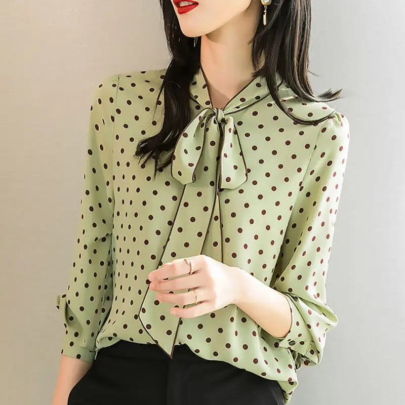 

Women's Bow Blouse 2023 Spring New Dot Chiffon Shirt Fashion Versatile Long Sleeve Top