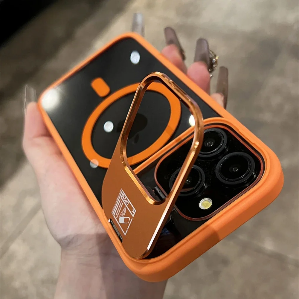 

Magnetic Charging Metal Holder Clear Phone Case For iPhone 15 14 13 Pro Max Camera Glass Lens Protection Stand Cover