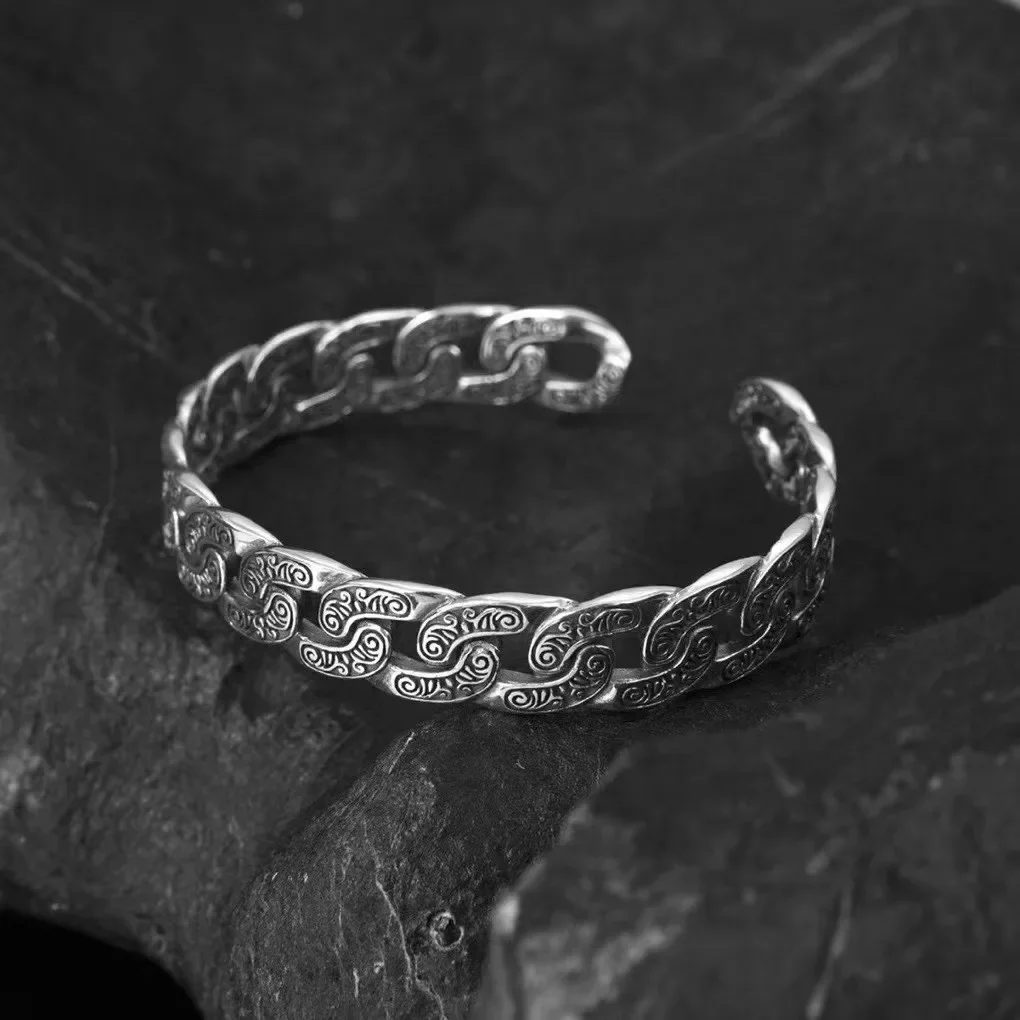 

S925 Sterling Silver Open Bracelet Unisex European And American Style Personalized Cuban Chain Vine Grass Pattern