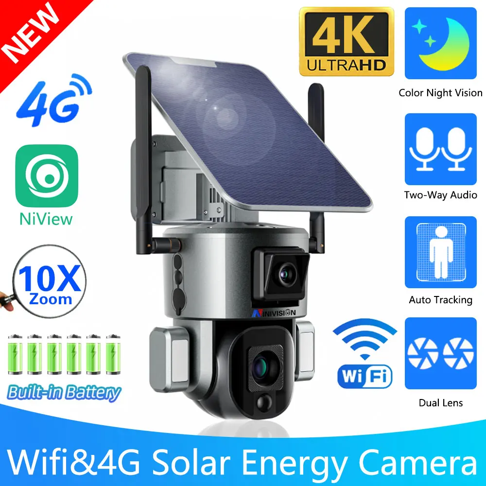 

4K 8MP Solar Camera 360° PTZ 10X Zoom 4G SIM /WIFI Security Outdoor Audio Camera Humanoid Tracking Color Night Vision Camera