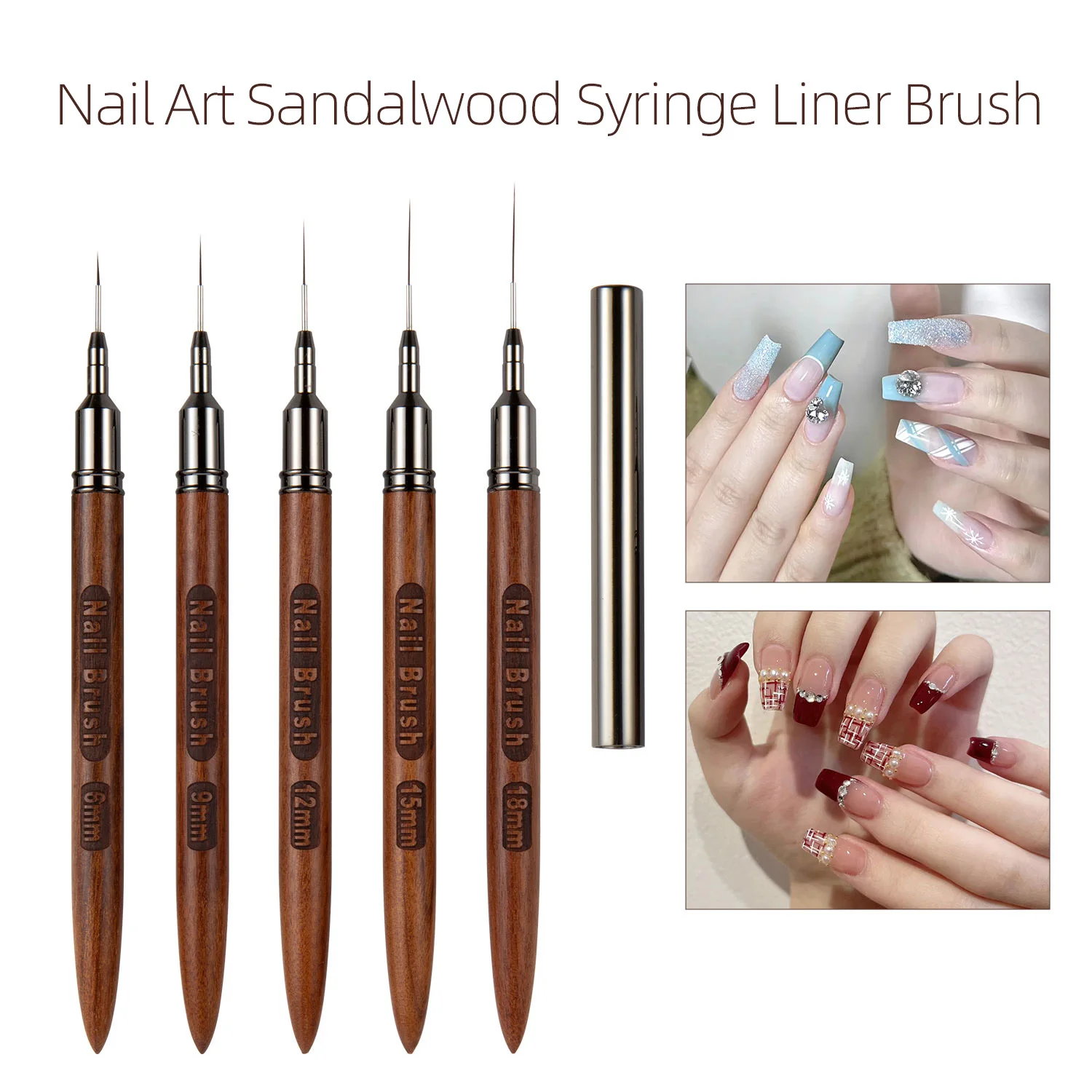 1PC Round Wood Handle Nail Art Liner Brush DIY Painting Pen Sandalwood Syringe Brushes Drawing Fine Lines Stripe Pen UV Gel Nail 6