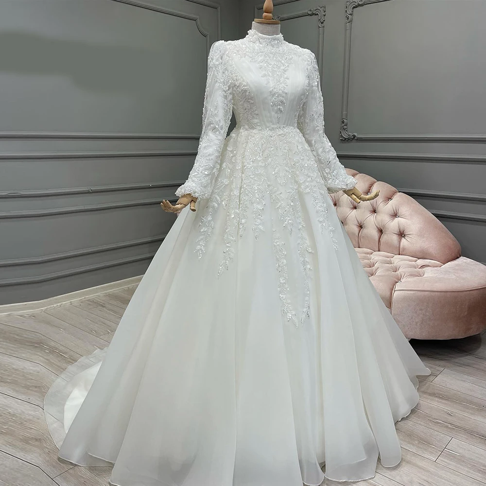 

Luxury Muslim Wedding Dresses For Women 2022 Ruched Long Wedding Gowns Lace Applique Beads Elegant Bride Dress vestidos de novia