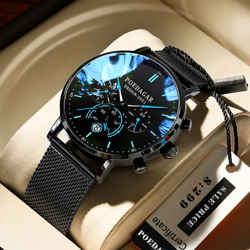 

POEDAGAR Mens Watches Top Brand Luxury Chronograph Quartz Watch for Men Stainless Steel Mesh Strap Sports Waterproof Wristwatch