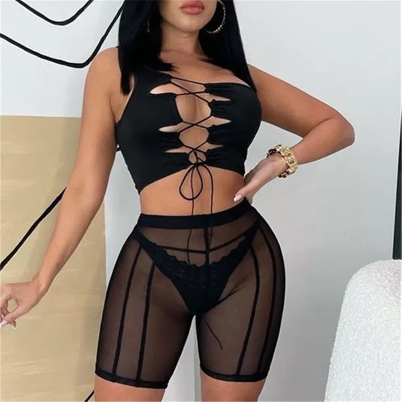

New Mesh Two Piece Set Women One Shoulder Lace Up Hollow Out Top And High Waist See Through Mini Shorts Nightclub Party Clothes