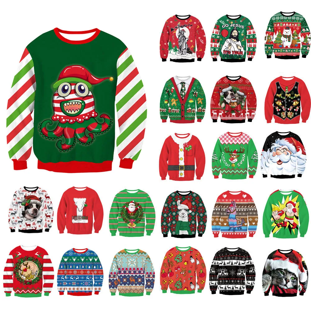 

Christmas Octopus Funny Novelty Trendy Ugly Sweater Women Men Crew Neck Long Sleeve Striped Xmas Sweatshirts Couples Jumper Tops