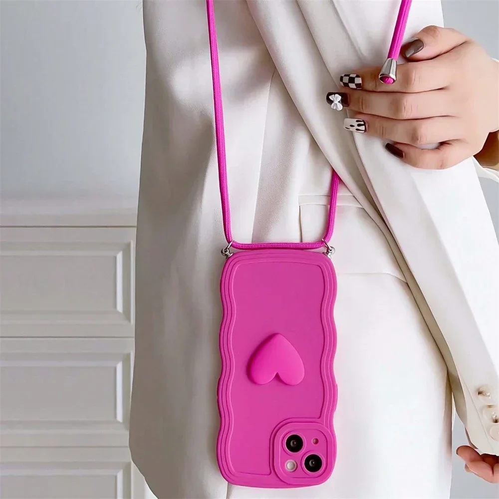 Elegant Crossbody Necklace Lanyard with 3D Love Heart Wave Design Case