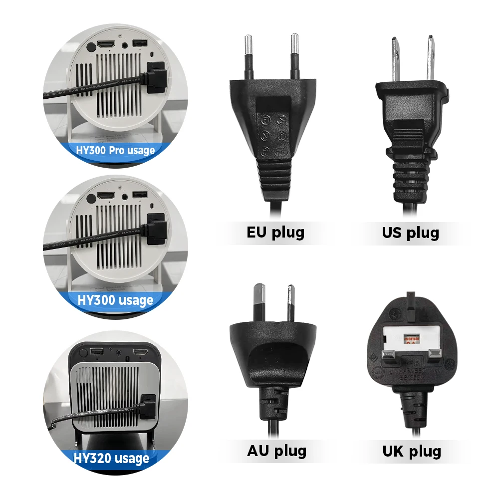 Original HY300PRO Power Cable 1.2M for HY320/HY300PRO Projector EU/US/AU/UK Power Extension Cord for PC Computer Monitor TV projector power cord