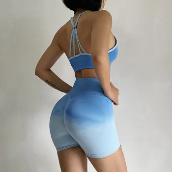 2 Pcs Seamless Gradient Yoga Suit Workout Sports Bra + High Waist Gym Shorts Sport Set Fashion Shorts Sets Sportswear Female - Image 4